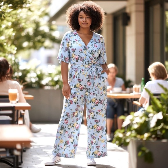 Lane Bryant Pants - NEW Lane Bryant Women Light Blue Floral Wrap Front Wide Leg Jumpsuit Size 22/24